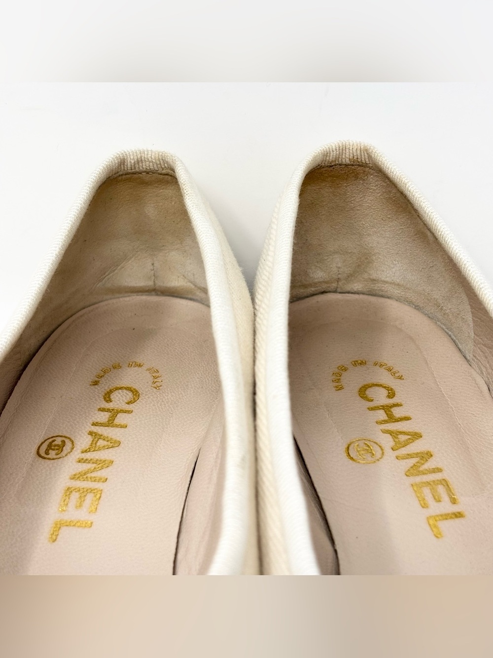 CHANEL Two Tone Ballet Flats Ivory Black Denim Cap Toe size 37 6-6.5 - Picture 14 of 15